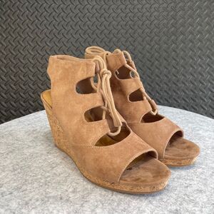 Ophelia Roe Brown Suede Laced Up Open Toe Wedge Platform Heels Women's Size 11
